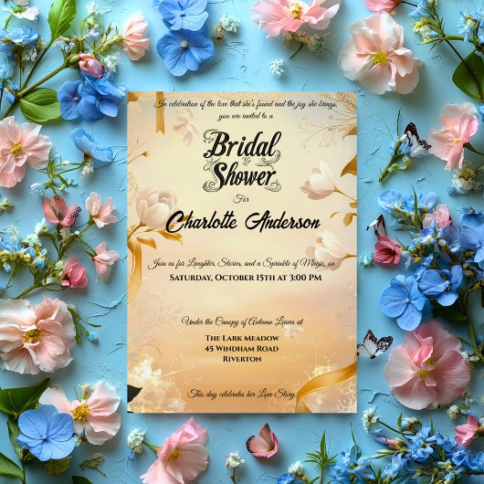 アイボリーと金ゴールドブライダルシャワーレースとフローラ 招待状