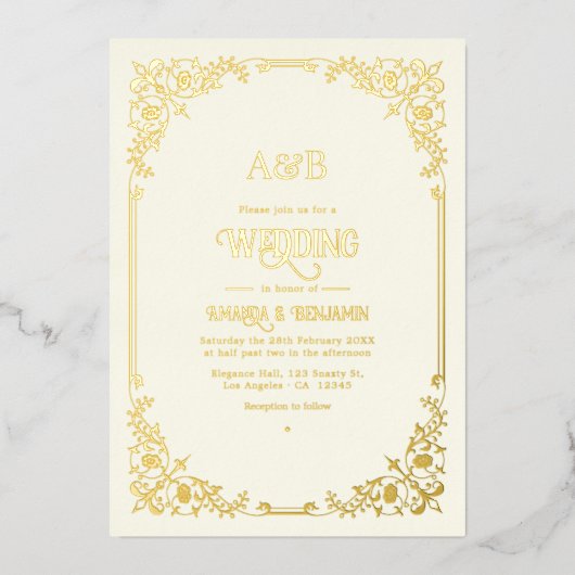 アイボリーと金ゴールド旧金美学結婚の 箔招待状 (正面)