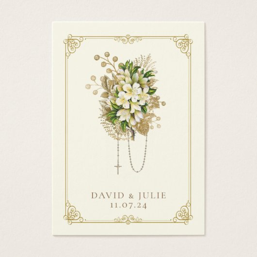 アイボリーと金ゴールド結婚のフローラロザリー祈りの言葉カード (正面)