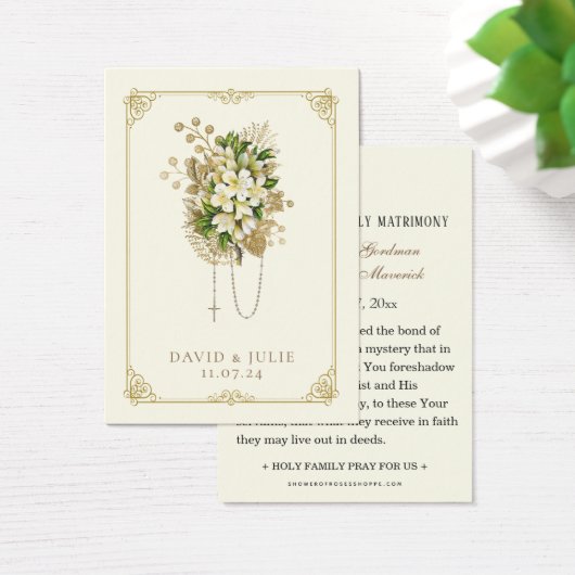 アイボリーと金ゴールド結婚のフローラロザリー祈りの言葉カード (デスク)