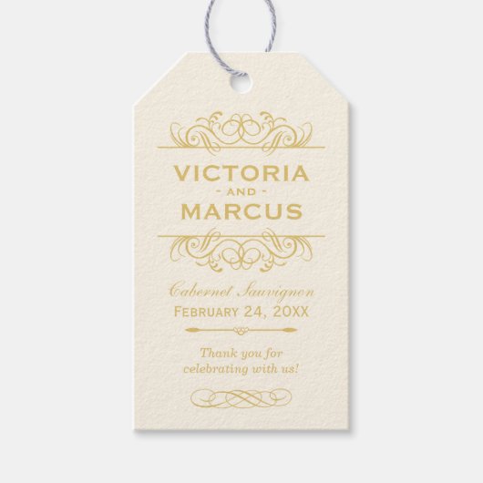 アイボリーと金ゴールド結婚ズワインボトルモノグラム ギフトタグ (正面)