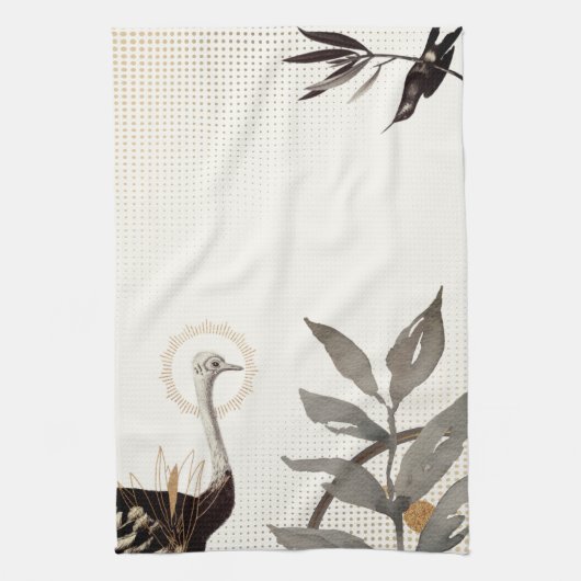 アイボリーと金ゴールド芸術的の水の色葉の キッチンタオル (縦)