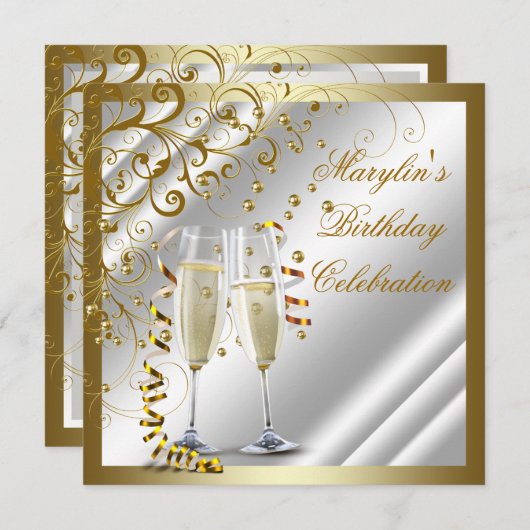 アイボリーと金ゴールド誕生日 招待状 (正面/裏面)