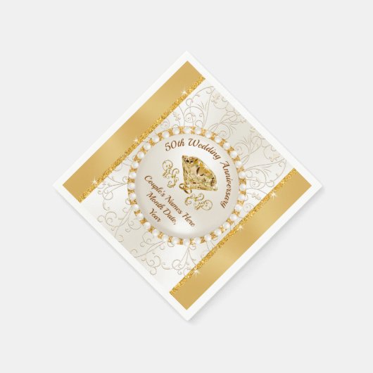 アイボリーと金結婚金記念日ナプキンス50th スタンダードカクテルナプキン (角)