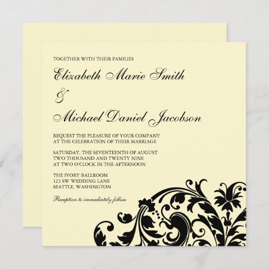 アイボリーと黒の旋回結婚式招待状 招待状 (正面/裏面)