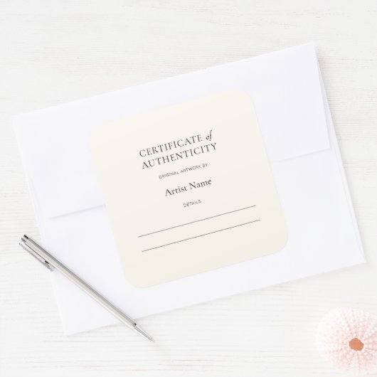 アイボリーのアートステッカーの真正性証明書 スクエアシール (封筒)