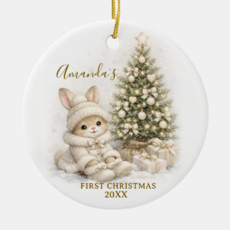 アイボリーのウサギ 赤ちゃんの初めてのクリスマス記念品 女の子 セラミックオーナメント