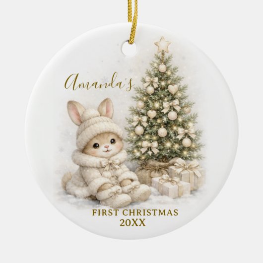 アイボリーのウサギ 赤ちゃんの初めてのクリスマス記念品 女の子 セラミックオーナメント (正面)