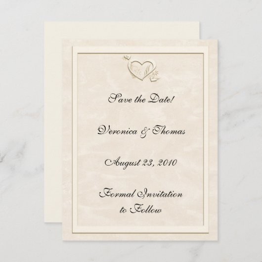 アイボリーのエンボス一見のハートの保存日付 セーブザデート (正面/裏面)