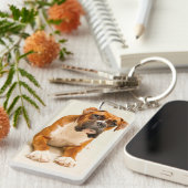 アイボリーのクリーム色の背景幕のボクサーの子犬 キーホルダー (正面右)