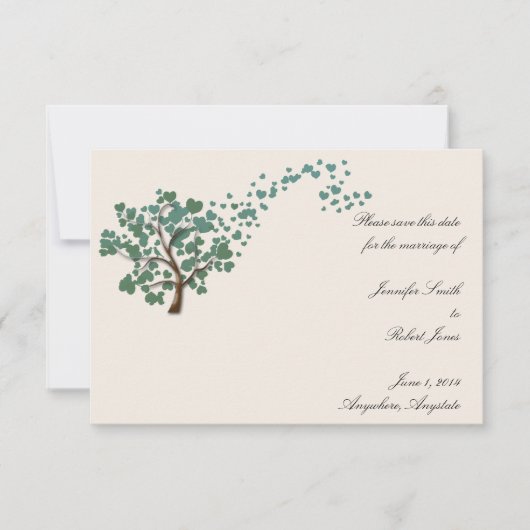 アイボリーのグリーンハートツリー　セーブ・ザ・デート 招待状 (正面)