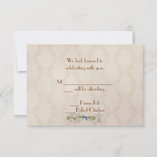 アイボリーのダマスクとデイジー　出欠返信 招待状 (正面)