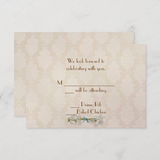 アイボリーのダマスクとデイジー RSVP 招待状 (正面/裏面)