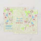 アイボリーのダマスク織りの結婚式の招待状に愛の鳥 招待状 (正面/裏面)