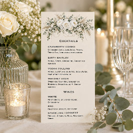 アイボリーのバラと真珠の結婚式カクテル&ワインリスト メニュー