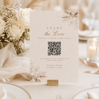 アイボリーのバラのQRコード 結婚式 写真共有テーブルサイン