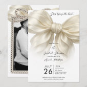 アイボリーのフリル付きリボン 結婚式前祝い 招待状 (正面/裏面)