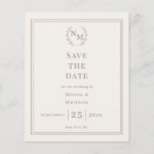 アイボリーのモノグラムリースの結婚式Save the Date チラシ (正面)