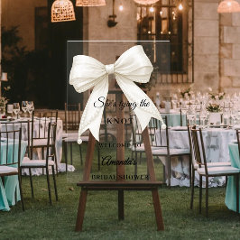 アイボリーのリボンとパールで飾られたウェルカムサイン 結婚前のお祝い アクリルサイン
