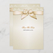 アイボリーのリボンの金ゴールドのストライプな結婚式の保存日付S3 セーブザデート (正面/裏面)