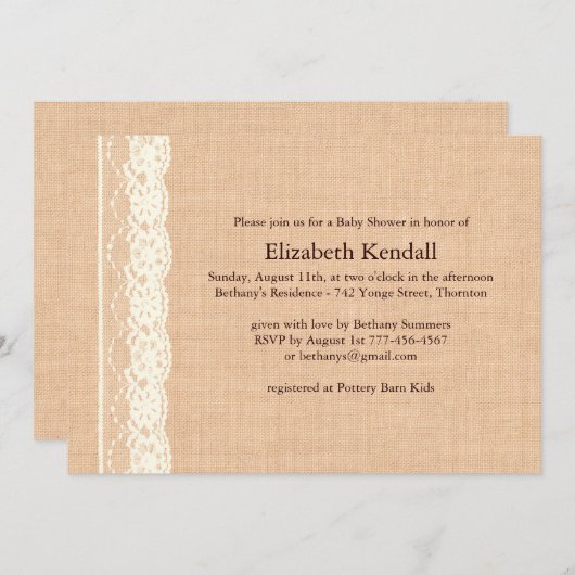 アイボリーのレースおよびバーラップのベビーシャワーの招待状 招待状 (正面/裏面)