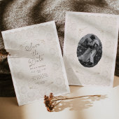 アイボリーのヴィンテージ レース ドイリー セーブザデート 招待状