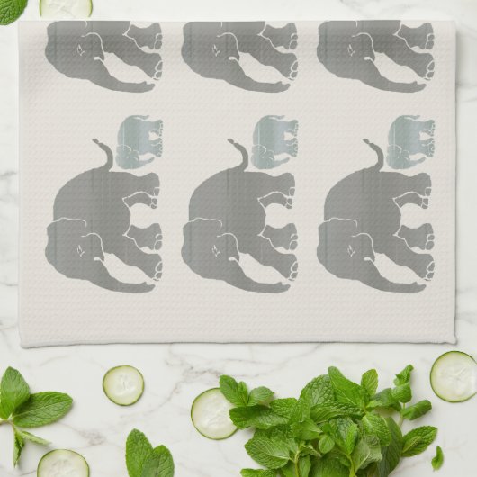 アイボリーの写実的な象のプリントのヴィンテージの灰色 キッチンタオル (折り畳み)