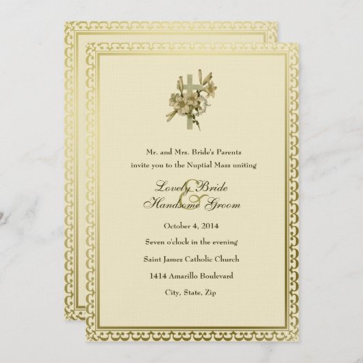 アイボリーの十字ユリのカトリック教徒の結婚式招待状 招待状 (正面/裏面)