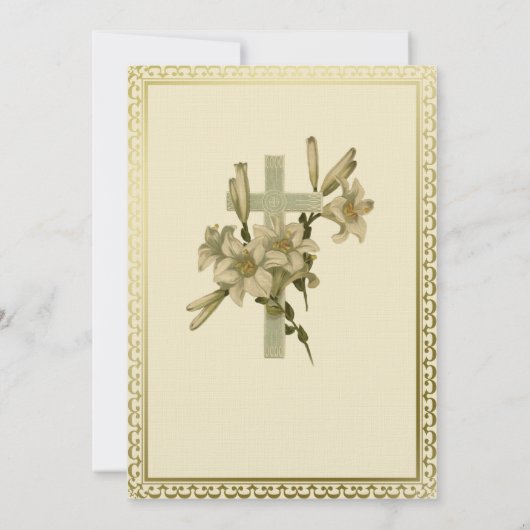 アイボリーの十字ユリのカトリック教徒の結婚式招待状 招待状 (裏面)