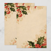 アイボリーの右端にメタリックな葉飾り | モダン ヴィンテージ 招待状 (正面/裏面)