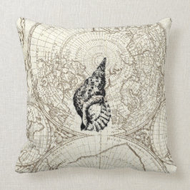 アイボリーの地図および貝殻のイラストレーションのシーライフ クッション