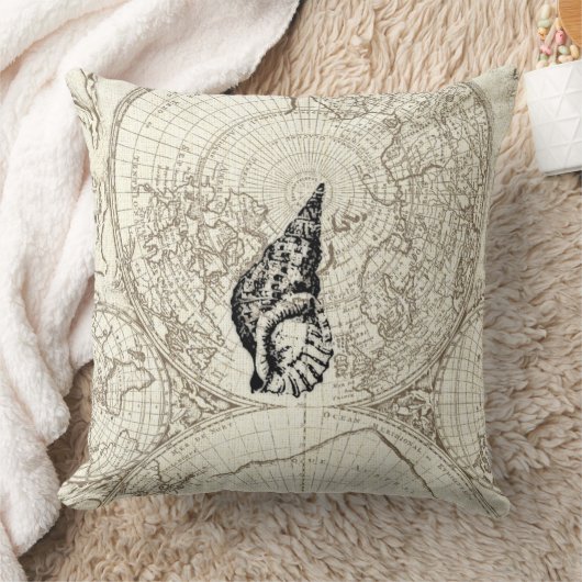 アイボリーの地図および貝殻のイラストレーションのシーライフ クッション (ブランケット)
