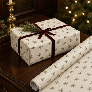 アイボリーの植物画調クリスマス包装紙 ラッピングペーパー