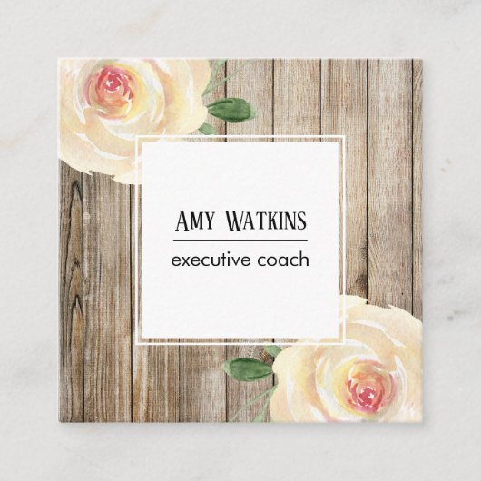 アイボリーの水彩バラ素朴、木材、ソーシャルアイコン スクエア名刺 (正面)