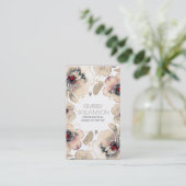 アイボリーの水彩画の花のBohoの羽のリース 名刺 (スタンド正面)