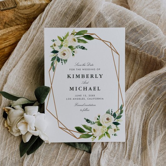 アイボリーの白いフローラジオメトリック保存の名刺 セーブザデート