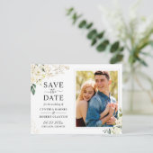 アイボリーの白いフローラ金ゴールド写真の保存日付 ポストカード (スタンド正面)