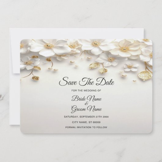 アイボリーの白いフローラ離れ金ゴールド日付の保存 セーブザデート (正面)