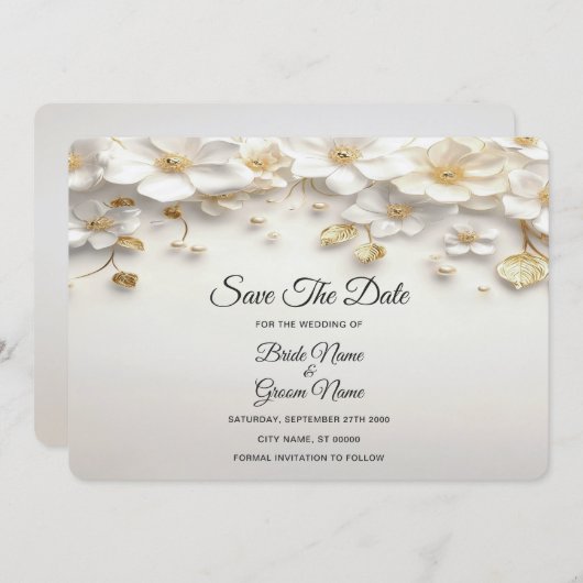 アイボリーの白いフローラ離れ金ゴールド日付の保存 セーブザデート (正面/裏面)