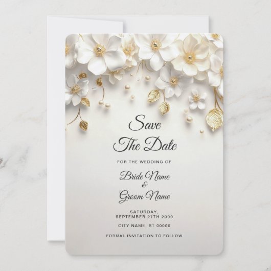 アイボリーの白いフローラ離れ金ゴールド日付の保存 セーブザデート (正面)