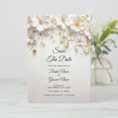 アイボリーの白いフローラ離れ金ゴールド日付の保存 セーブザデート (スタンド正面)