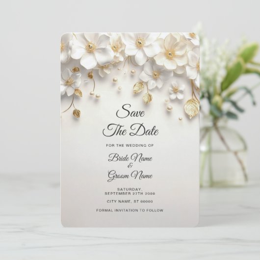 アイボリーの白いフローラ離れ金ゴールド日付の保存 セーブザデート (スタンド正面)