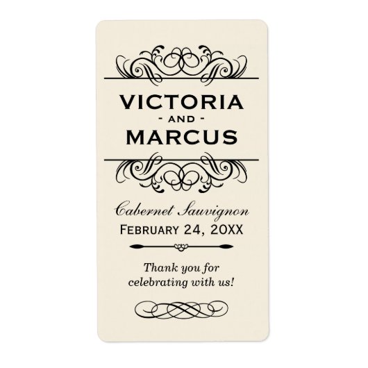 アイボリーの結婚ワインボトルモノグラムの有利ラベル ラベル (正面)