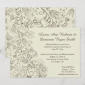 アイボリーの結婚式 ブラウン スケッチの花の渦巻き 招待状 (正面/裏面)