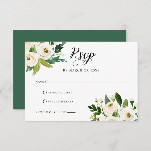 アイボリーの緑の白のバラのフローラリース結婚ズ 出欠カード (正面/裏面)
