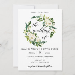 アイボリーの緑の白のバラのフローラリース結婚ズ 招待状