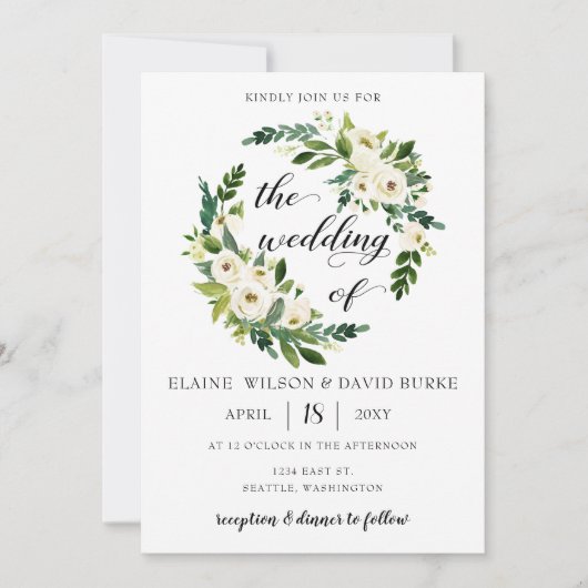 アイボリーの緑の白のバラのフローラリース結婚ズ 招待状 (正面)