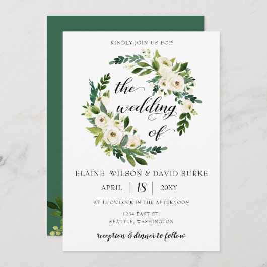 アイボリーの緑の白のバラのフローラリース結婚ズ 招待状 (正面/裏面)
