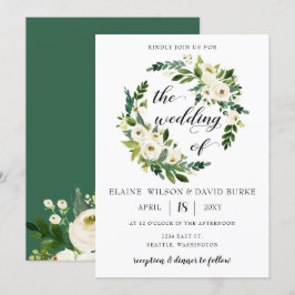 アイボリーの緑の白のバラのフローラリース結婚ズ 招待状