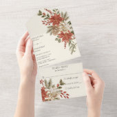 アイボリーの背景に赤とアイボリーのポインセチア オールインワン招待状 (貼ってはがせる)